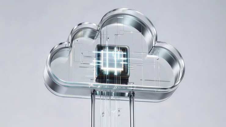 Gennemsigtigt sky-ikon afslører glødende mikrochip, mens data strømmer gennem et futuristisk cloud computing-system