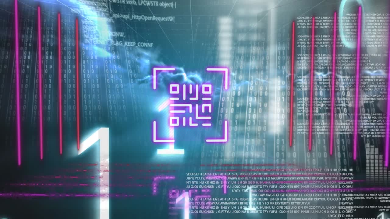 Animation of security padlock with data processing over cityscape