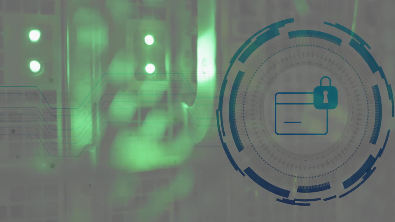 Animation of padlock and digital data processing over computer servers