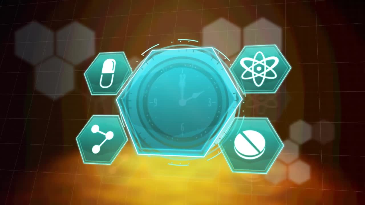 네온 파란색 디지털 시계 위에 여러 개의 의료 아이콘이 육각형 모양에 맞춰 틱하고 있습니다.