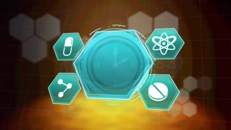 múltiples iconos médicos sobre el reloj digital azul de neón haciendo tictac contra formas hexagonales