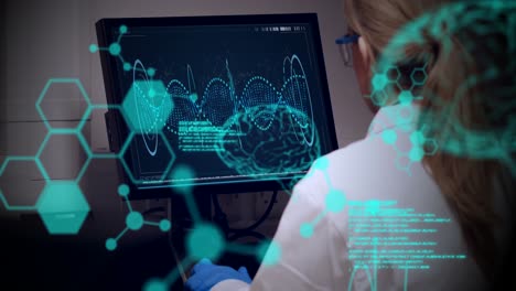 animación de fórmulas químicas y procesamiento de datos sobre una trabajadora de laboratorio caucásica