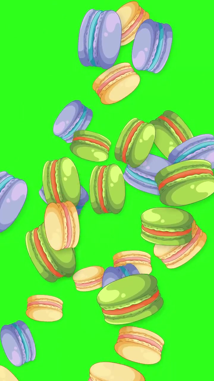 Vibrant assorted macarons fall and bounce against a green screen background in vertical orientation.