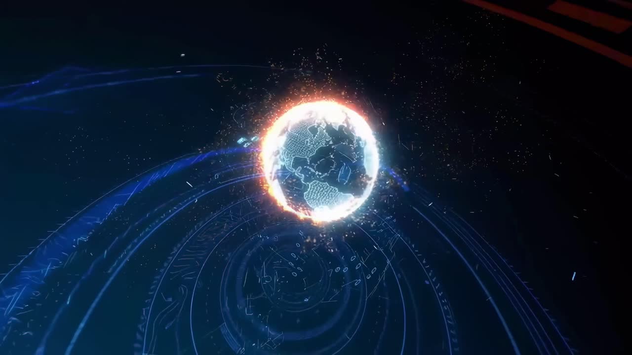 Un video dinamico di un globo luminoso con particelle infuocate, catturato da un'angolazione frontale