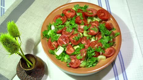 healthy food and vegetarian concept. fresh lunch, closeup, macro. rotation a plate with tomato vegetable salad.