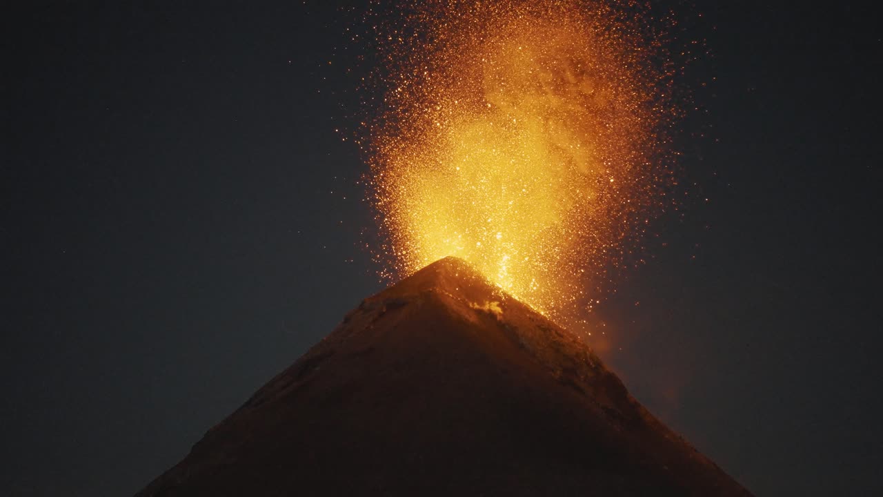 The stunning eruption of the Fuego volcano during night time in Guatemala