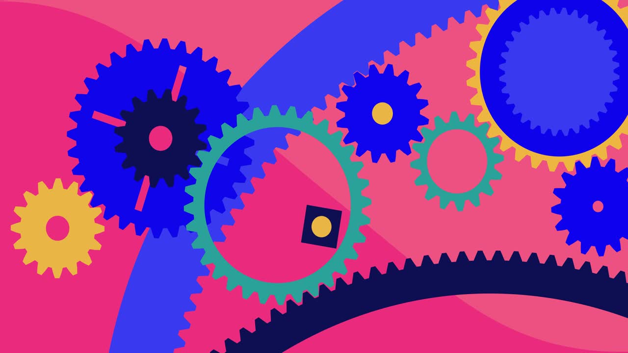 muchos engranajes están girando. hermosa mecánica fondo animado. visualización 2d. inicio de marketing digital y concepto de trabajo en equipo. video en bucle. 4k. hd