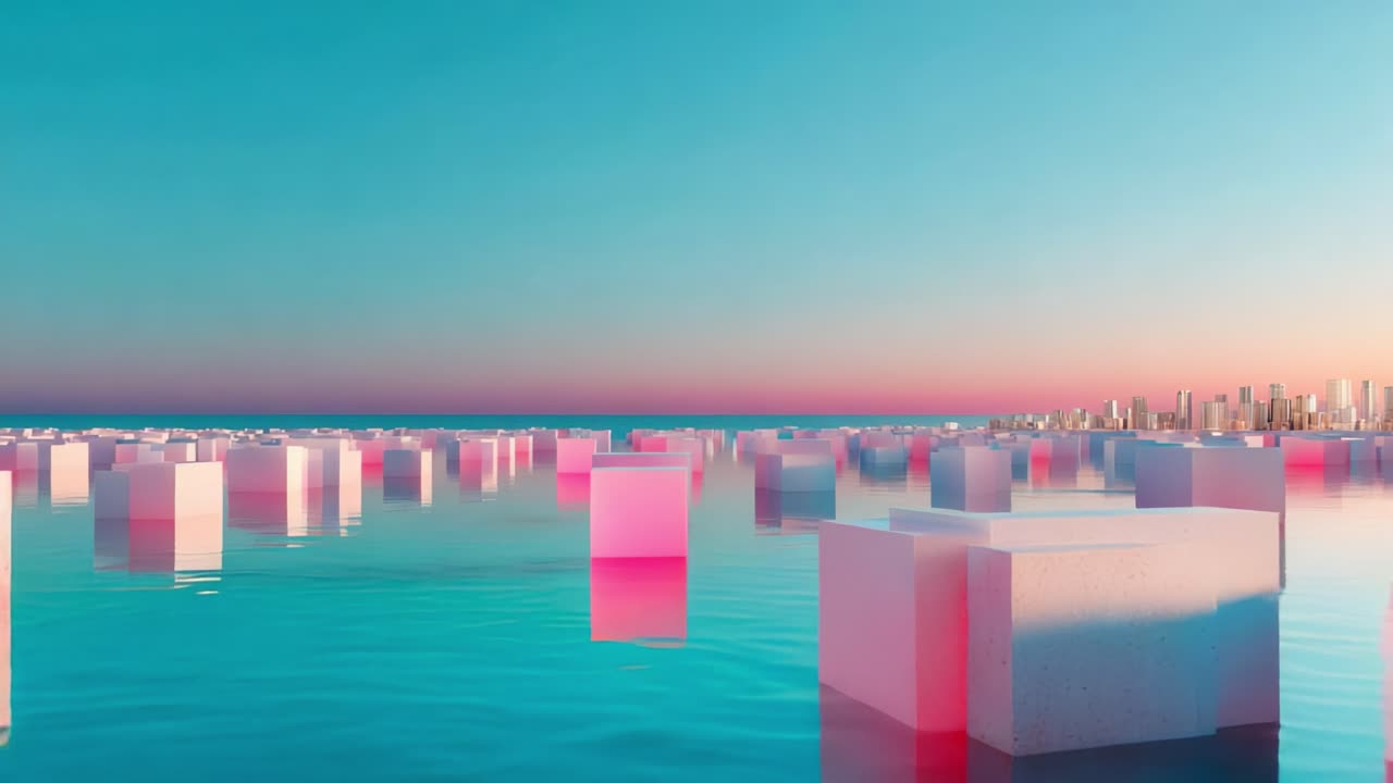 A Stunning Aerial View of Colorful Ice Cubes Floating on a Serene Body of Water at Dusk, Surrounded by a Vibrant Skyline and Bathed in Soft Pink and Blue Hues, Creating a Dreamlike Atmosphere