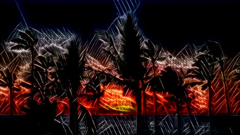 Glowing-lines-animation-of-palm-trees-agitated-by-wind-at-sunset