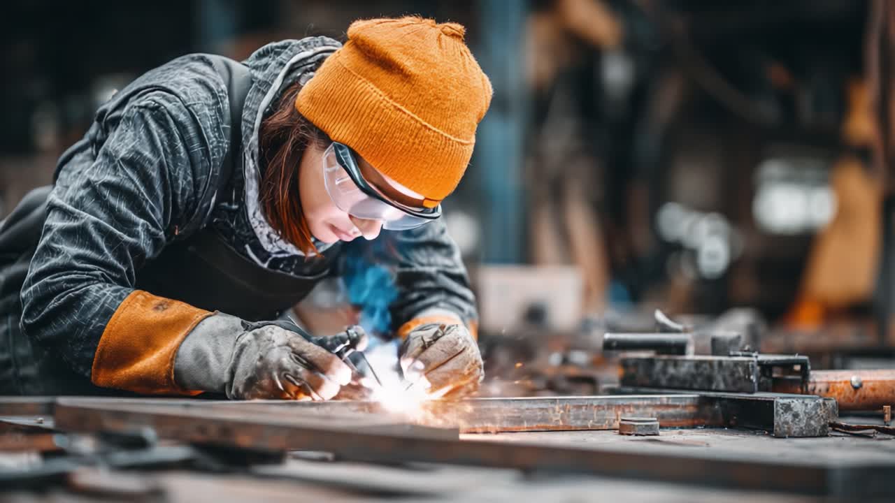 Skilled Artisan Sparks Creative Mastery in Metalwork, Revealing the Artistry and Precision of Welding in a Workshop Setting