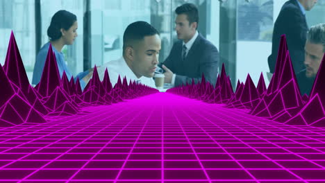 digital grid overlay in office during business meeting with colleagues discussing