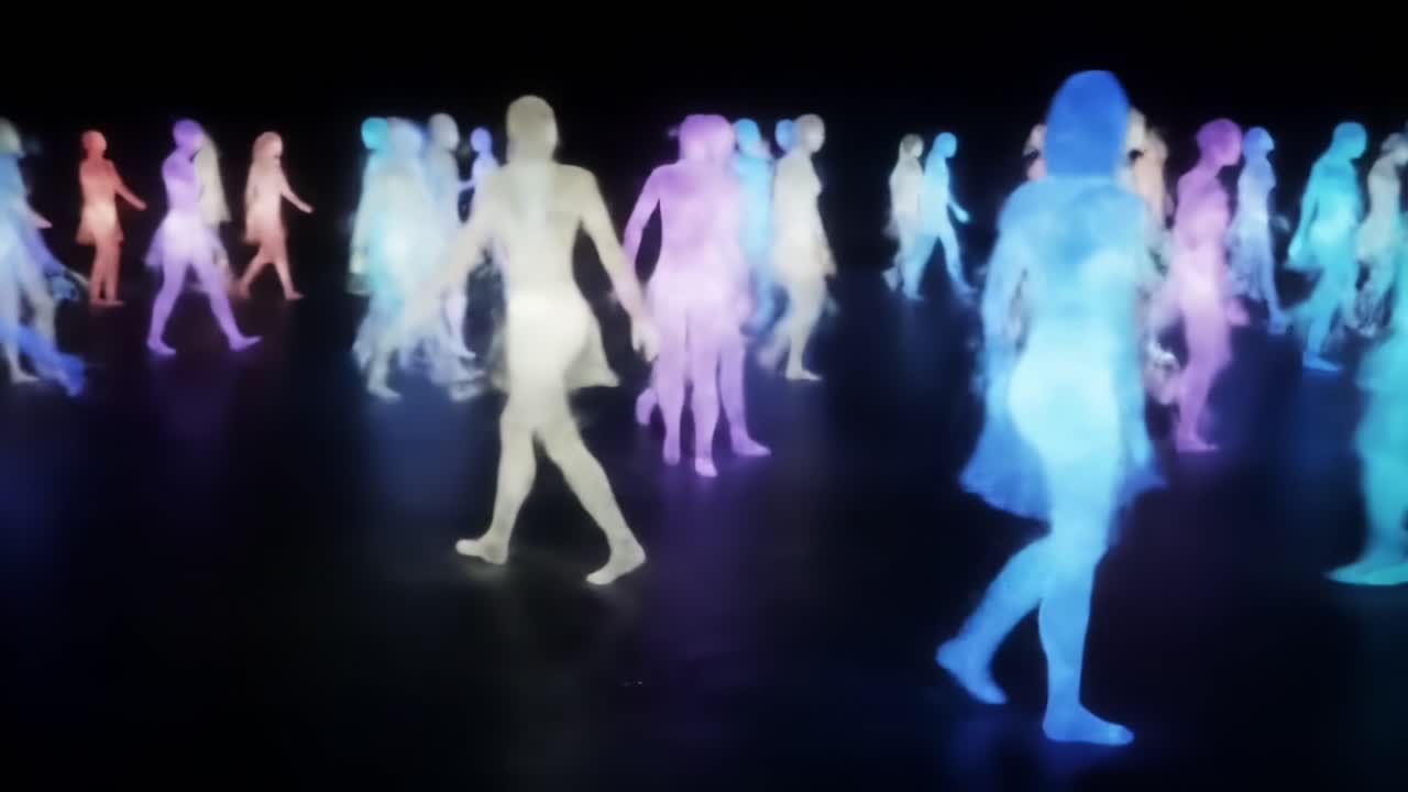 A Vibrant Display of Ethereal Figures in Motion: Exploring the Interaction of Light and Color Through Animated Silhouettes in a Dynamic Urban Environment