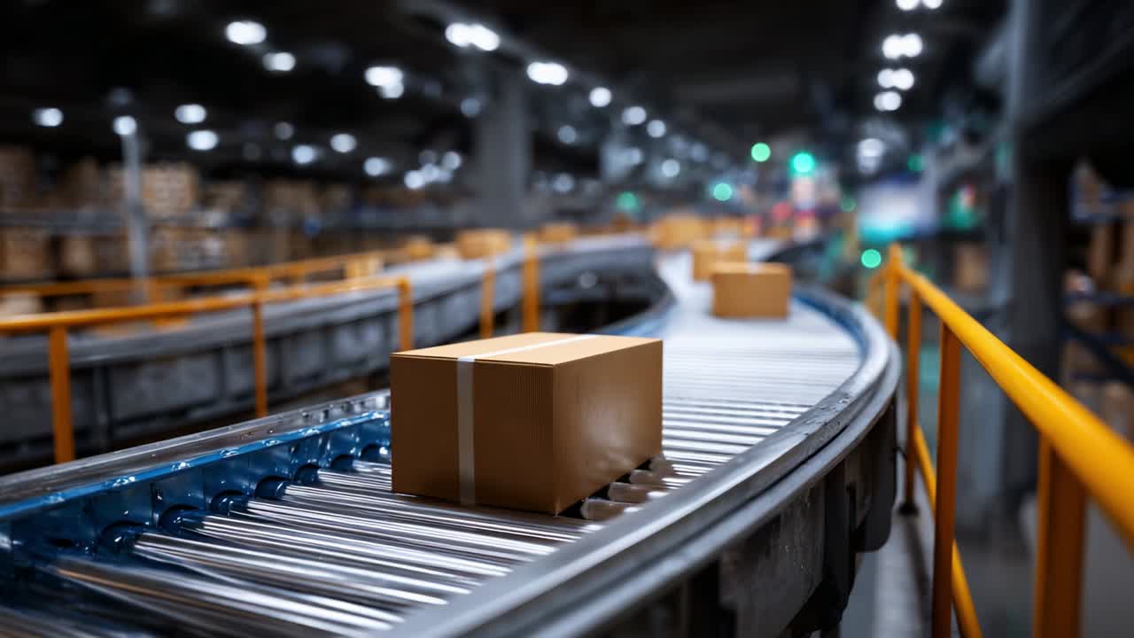 Packages on a Conveyor Belt in a Warehouse