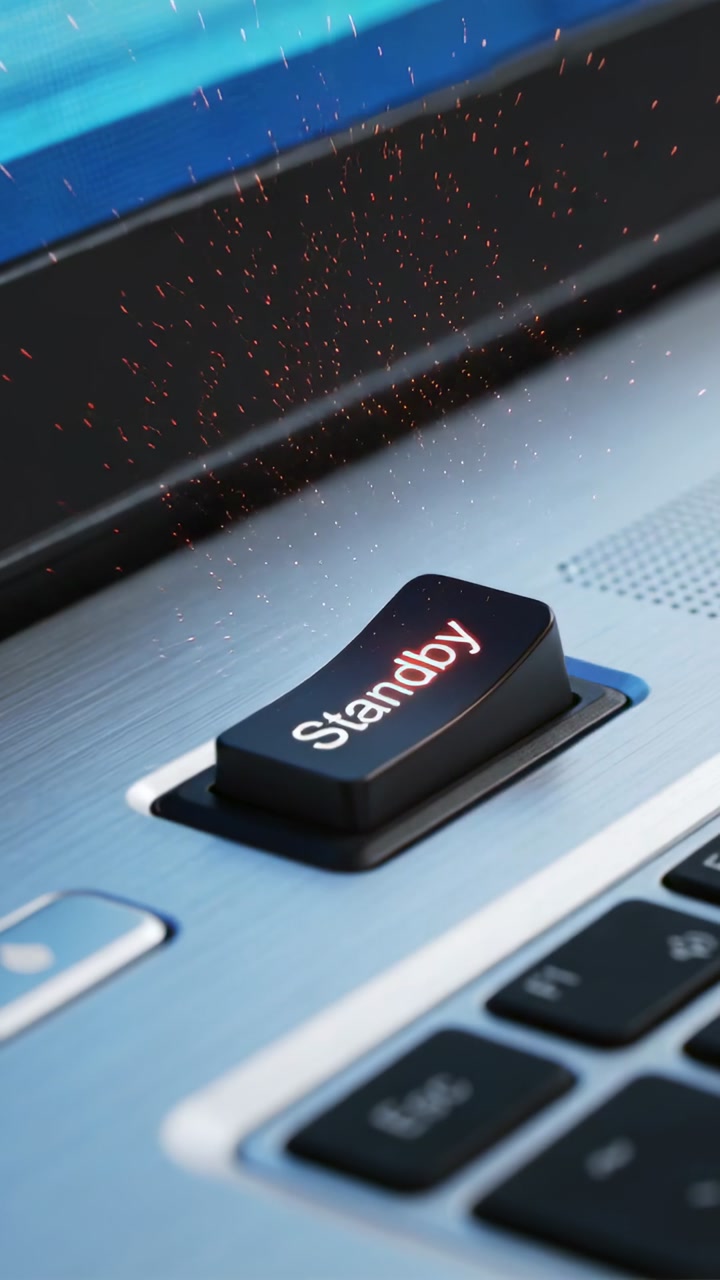 Vertical video: Sparking orange-red particles striking Standby key on laptop hinge, showing glow