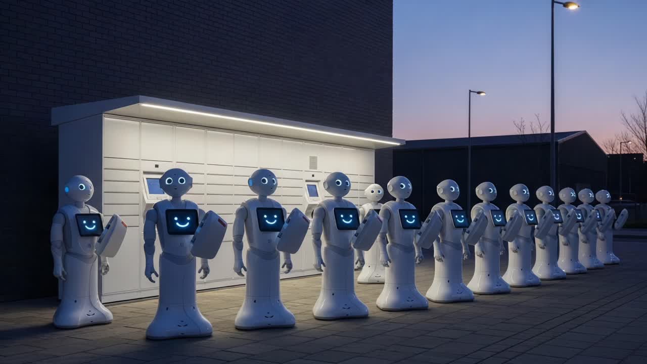 A Line of Friendly Robots Unveiling Their Innovative Technology as They Wave Cheerfully at Dusk, Highlighting Advances in Robotics and Human-Technology Interaction