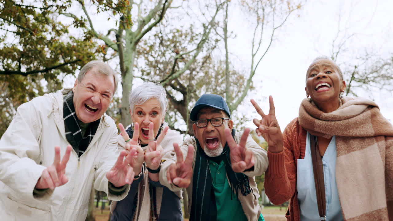 평화의 표지판, 공원 및 노인들의 얼굴 미소