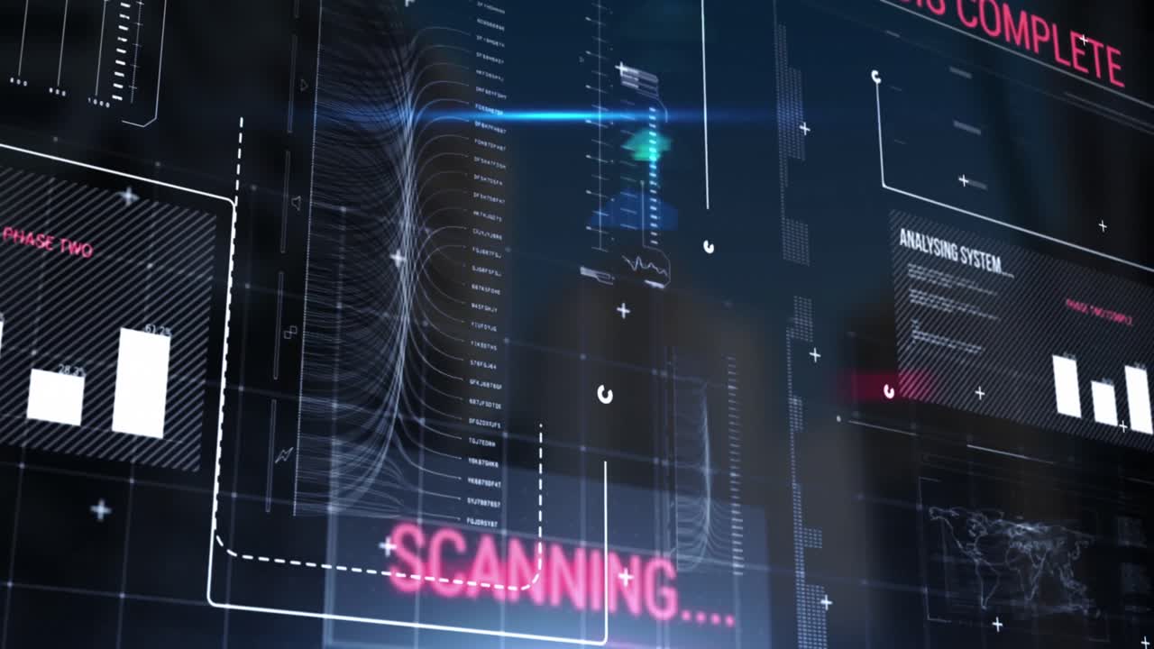 Animasjon av et grensesnitt med databehandling og et blått lyspunkt mot høye bygninger.