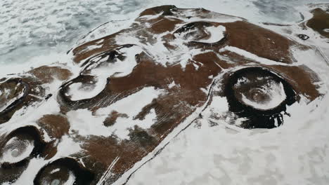 aerial top down shot of crater landscape with and snowy frozen swampland in iceland - skútustaðagígar