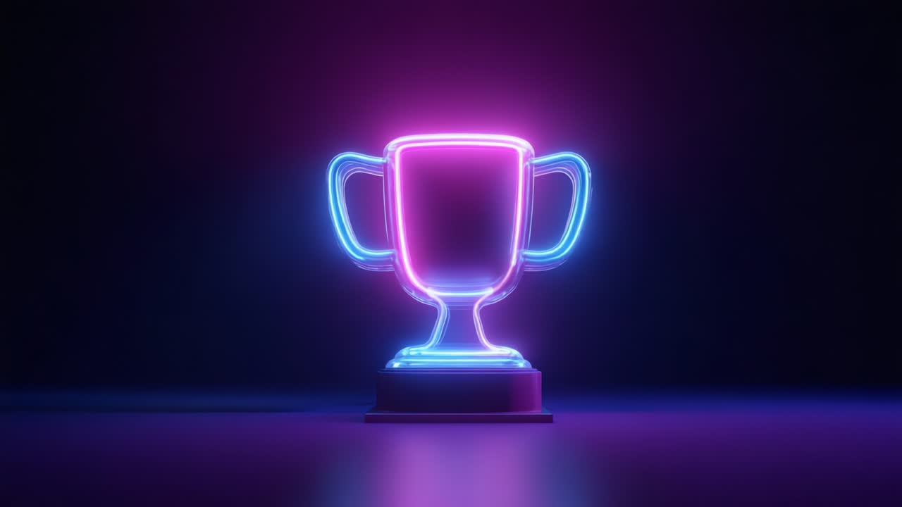 Uno splendido trofeo al neon che simboleggia risultati e successo con luci vivaci e colorate su uno sfondo scuro, perfetto per celebrare vittorie e premiazioni