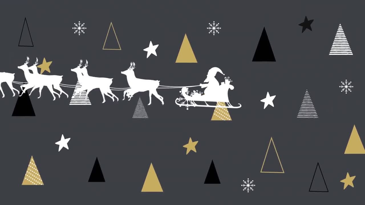 animación de santa claus en trineo con renos sobre estrellas y textura de árbol de navidad