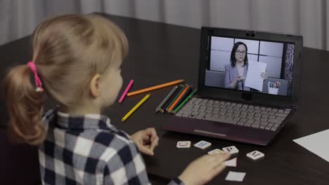 girl distance education lesson with woman teacher, using digital laptop at home