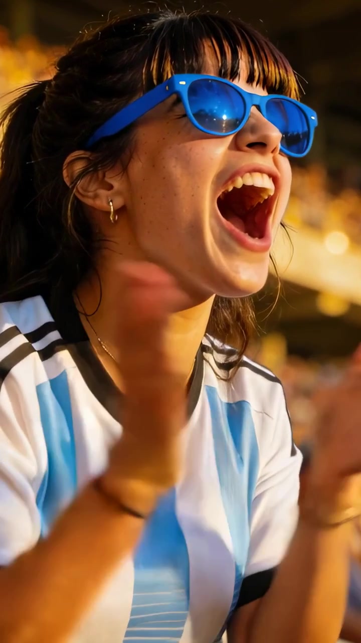 Video verticale: Tifoso che applaude e reagisce a un'azione di gioco in crescendo sugli spalti, indossando occhiali da sole blu e una maglia.