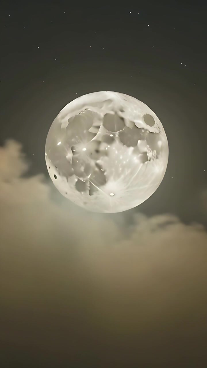 Vídeo vertical: Nuvens em movimento revelando o centro da lua cheia no céu noturno, expondo crateras e estrelas.
