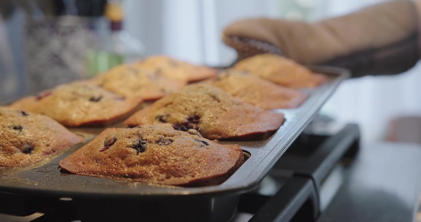 Pane di mirtilli e zucchine appena sfornato viene tolto dal forno e posizionato su un piano cottura per raffreddare.