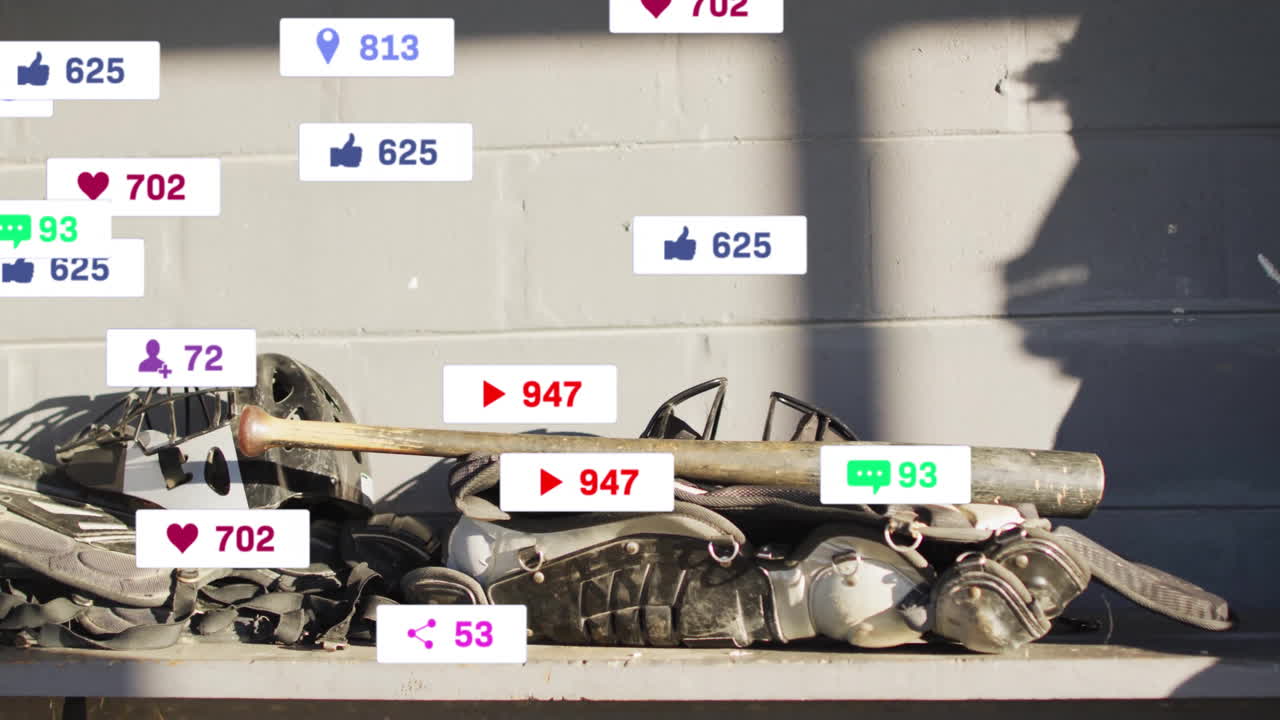 Baseball gear on bench with social media notifications overlay animation