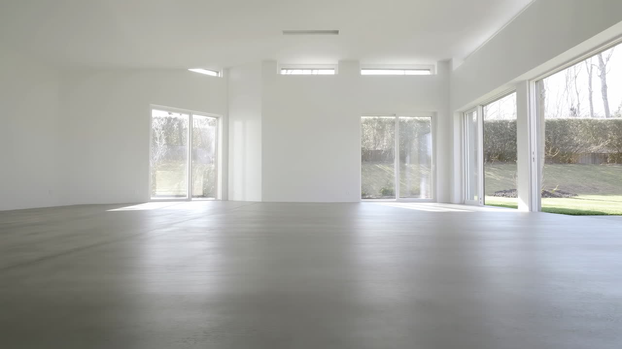 Bright Empty Modern Open Living Room With Floortoceiling Windows, Polished Concrete Floor, White Walls, Soft