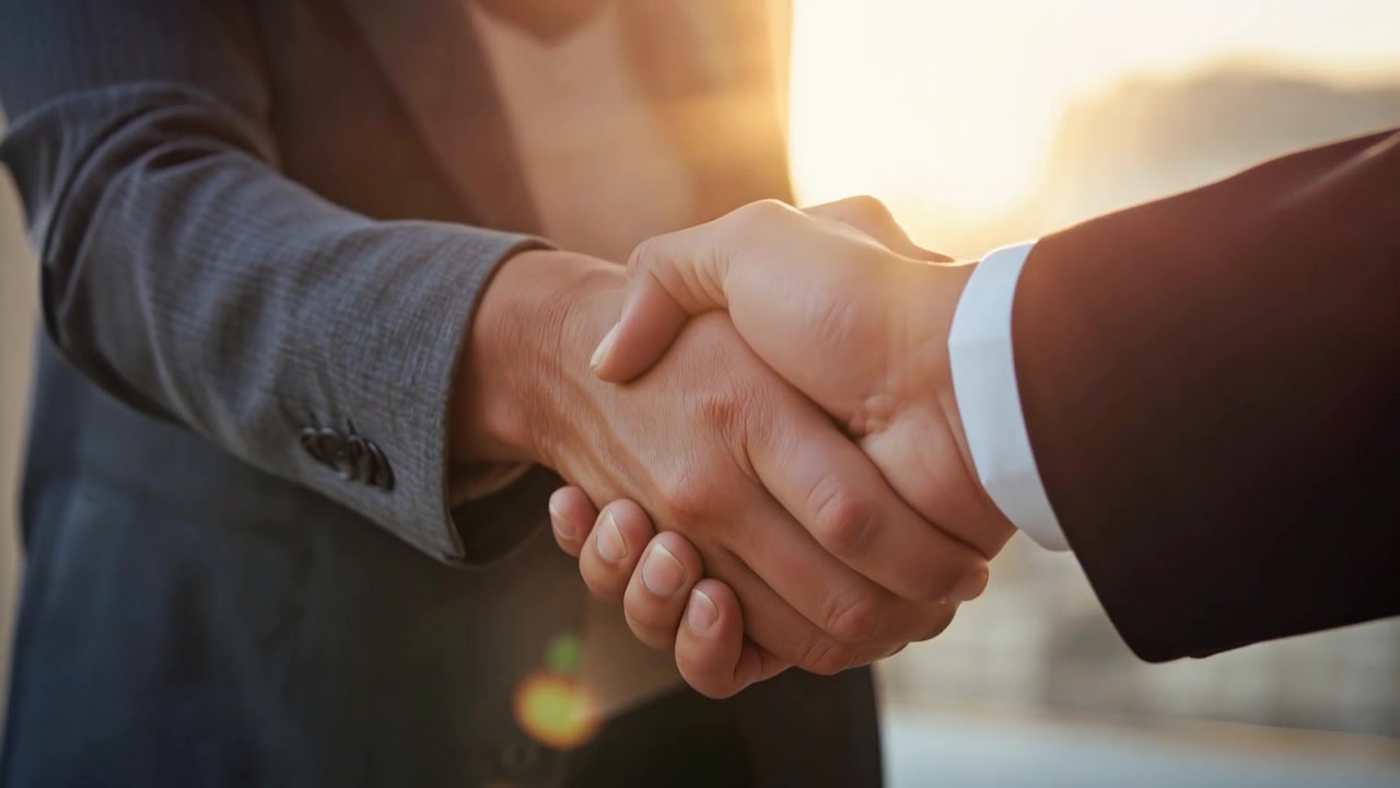 Due professionisti che si stringono la mano salutandosi su un tetto al tramonto, mostrando giacche da completo e un bagliore dell'obiettivo