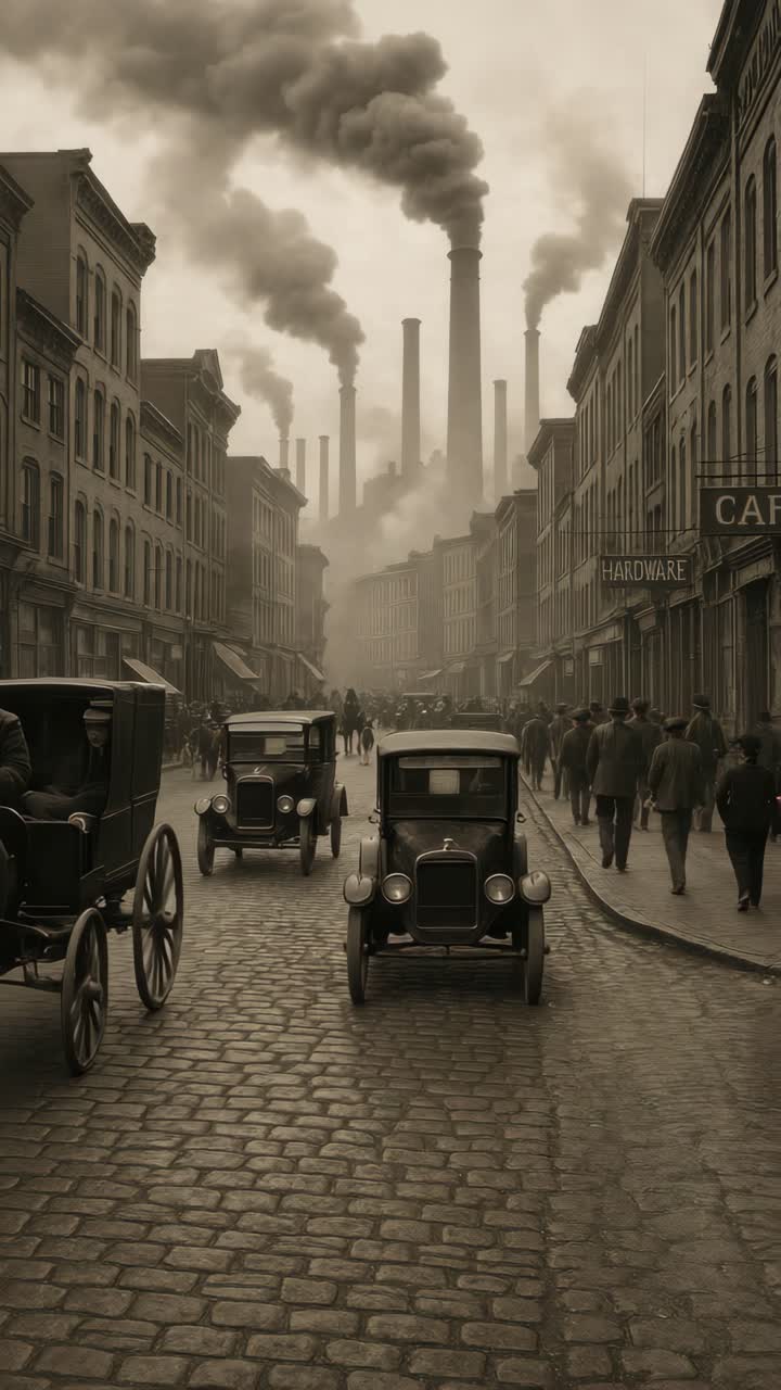 Vintage street scene with cars and horse-drawn carriages, shot from a low angle