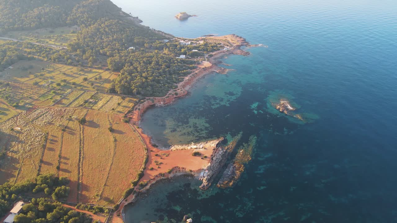 vista aérea de la costa ibicenca con aguas cristalinas rodeada de pinos