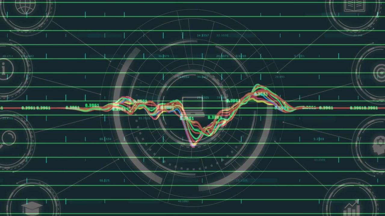 Grid rotating sending waveform curves oscillating peaks and troughs while icons appearing