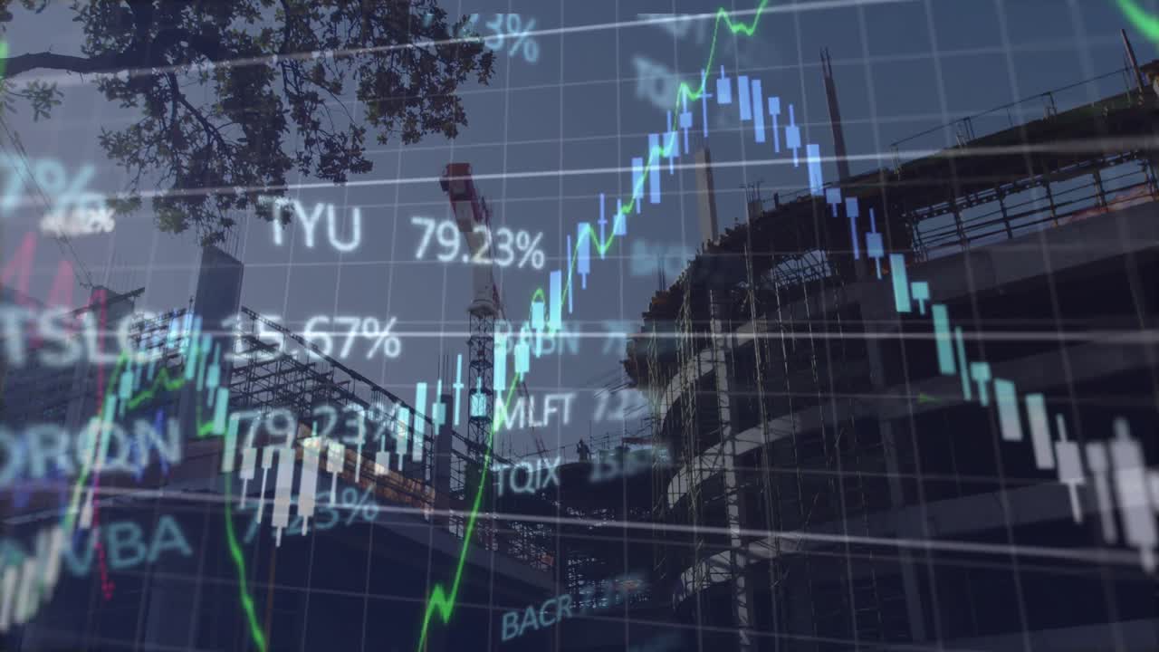 animación de datos financieros y gráficos sobre edificios de la ciudad