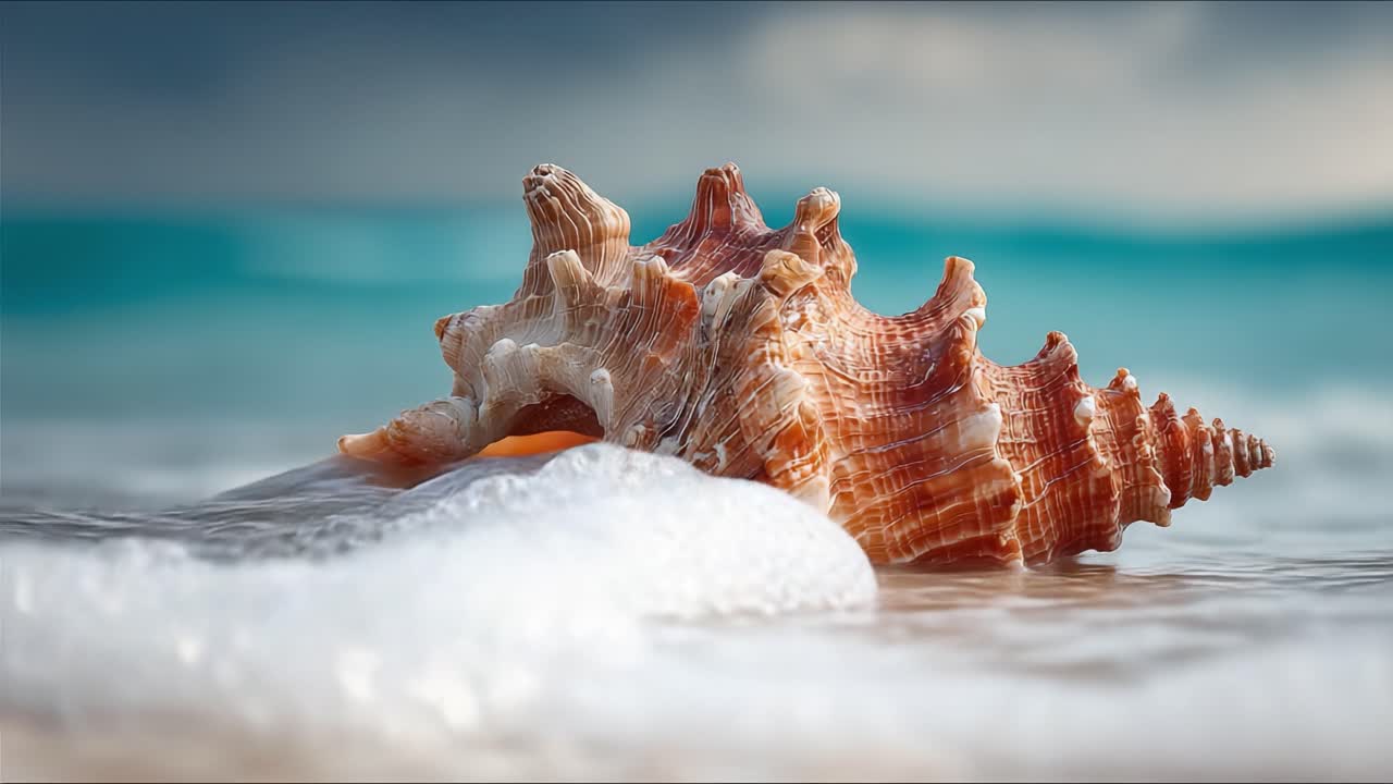 A Stunning Close-Up of a Beautiful Seashell on a Shoreline as Gentle Waves Caress Its Surface, Capturing the Serenity of Nature's Ocean Beauty
