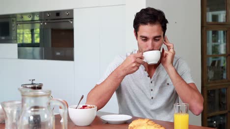 handsome man on phone call during breakfast