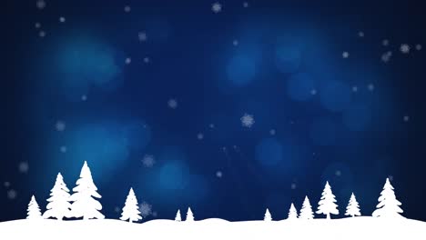 Animation-of-falling-christmas-snowflakes-in-night-sky-with-blue-lights-and-snow-covered-trees