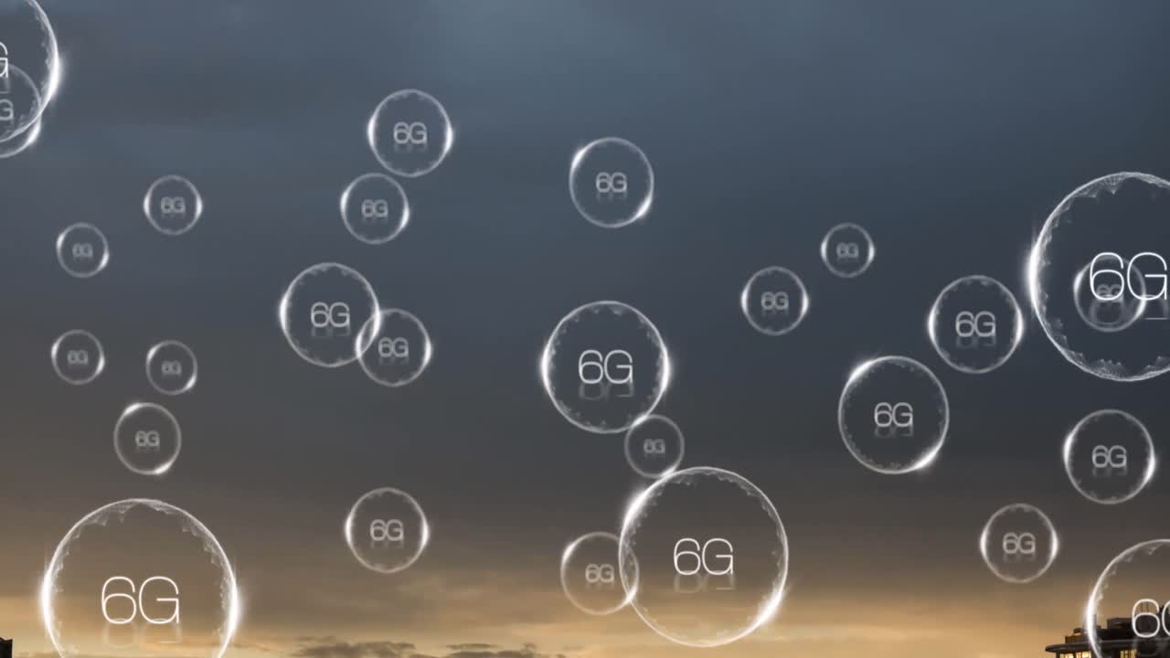 도시 풍경 위의 6g 텍스트의 애니메이션