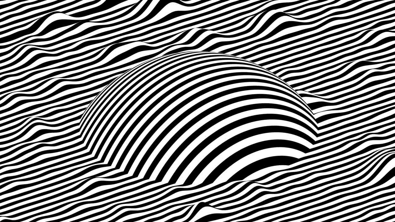 rayas negras y blancas ondulando superficie con forma de esfera en movimiento en la parte superior de ella. animación de bucle de fondo isométrico moderno. renderización 3d.