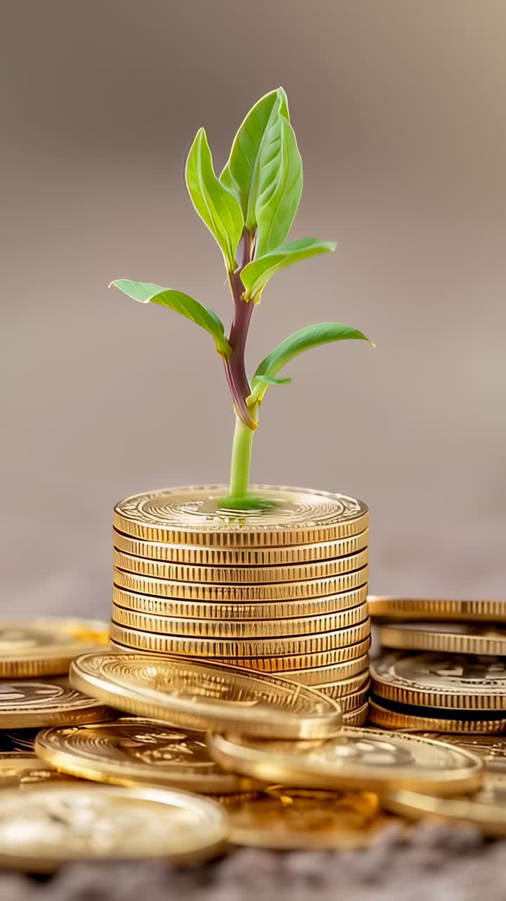 Vídeo vertical: Semilla germinando y brotando como una plántula verde de monedas de oro sobre una mesa, mostrando el crecimiento