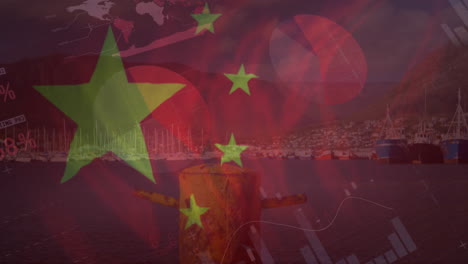 animación del procesamiento de datos financieros y bandera de china sobre el paisaje