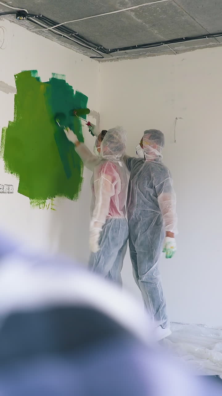 Dolly cam: positive young woman and guy in workwear and respirators dance lambada enter empty repairing room with white walls