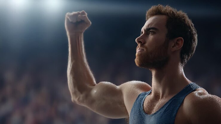 Athlete Celebrating Victory in Intense Moment of Triumph, Clenching Fist Signifying Determination and Success After a Hard-Fought Competition in a Spectacular Arena Setting