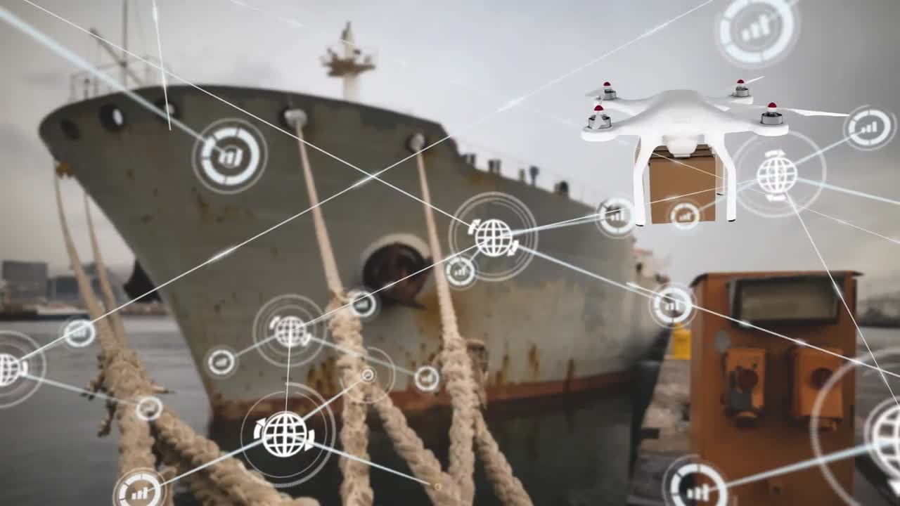 Animation of network of connections with icons over delivery drone with parcel