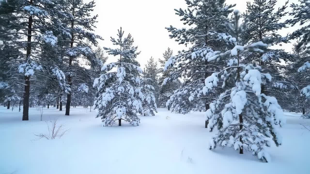 Wide-angle video af en fredfyldt, snedækket skov, der fanger høje træer og en rolig vinterscene
