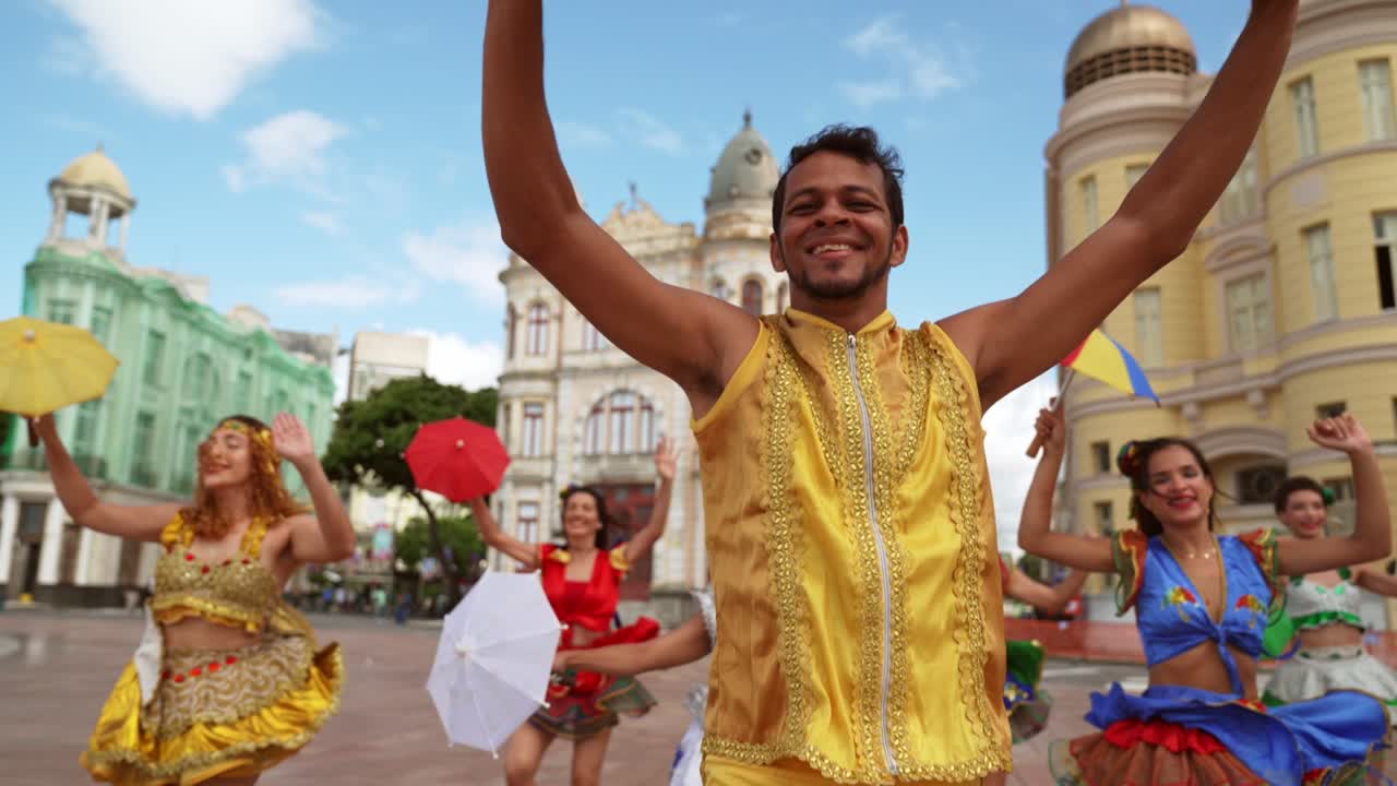 Frevo dancers at the street carnival in Recife, Pernambuco, Brazil.