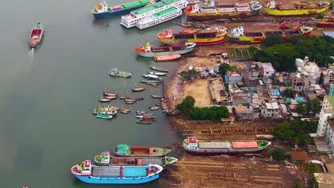 Drone-establisher-harbor-of-third-world-country,-city-Dhaka,-Bangladesh