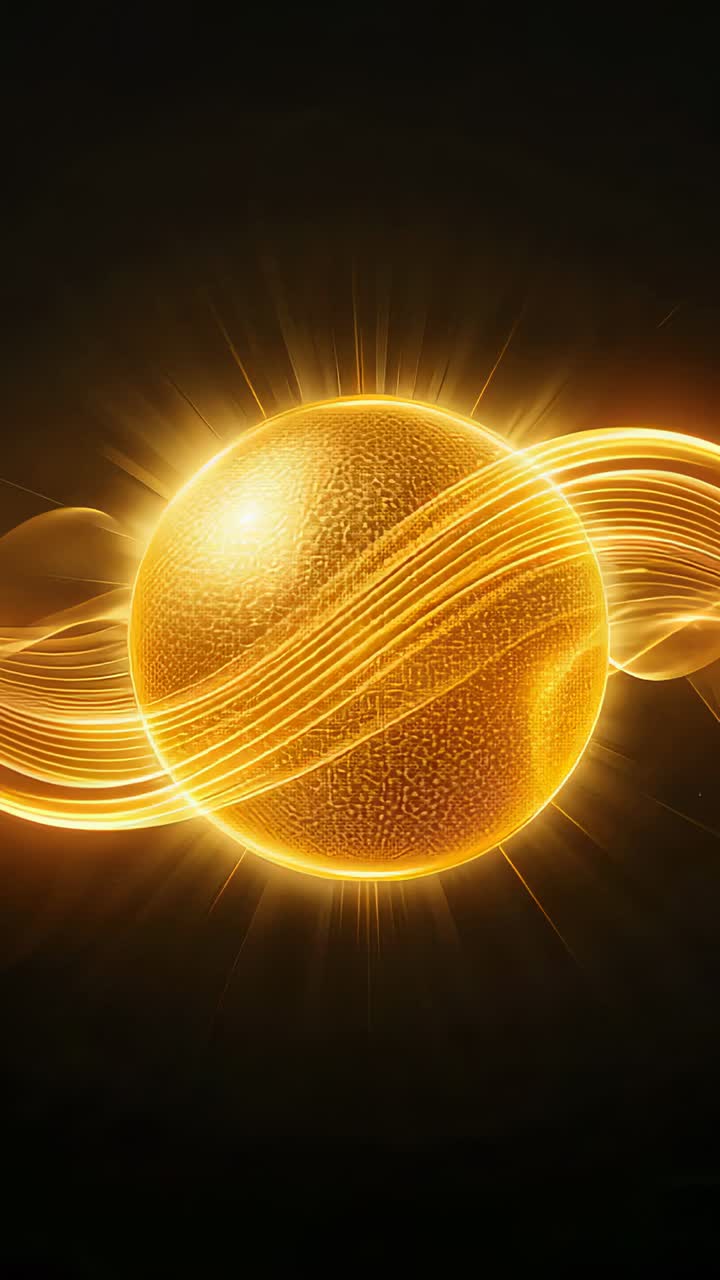 Vertical video: Pulsing grainy golden orb after pulse in dark studio, with ribbons and radial rays