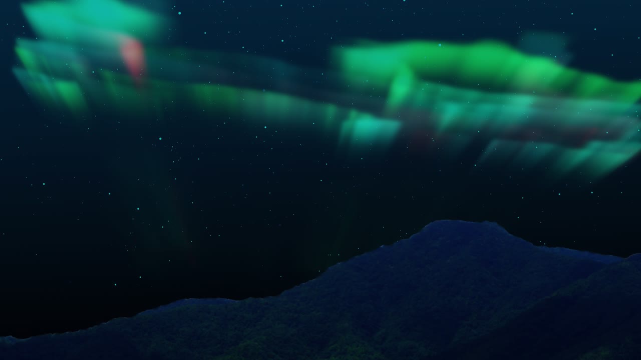 mountain with Loop Aurora Borealis Milky Way Galaxy. Stars Simulated Northern Lights on the Arctic sky, aurora borealis, clear weather, colorful light skies in horizon. Cloudless night. Motion graphic
